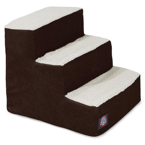 The Majestic Pet Villa 3 Step Pet Stairs (Heavy Duty) feature dark brown bases, white textured treads, a soft plush cover, and a small logo patch on the lower front corner—ideal for cats and dogs.