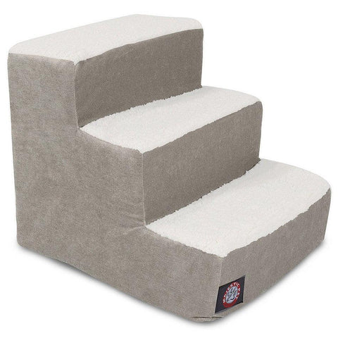 The Majestic Pet Villa 3 Step Pet Stairs (Heavy Duty) feature light gray sides, white tops, soft fabric covering, and a small logo patch in front—offering dogs & cats a safe way to reach higher surfaces.