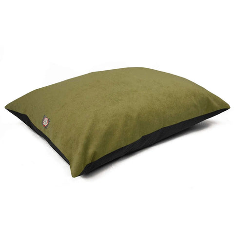 The Majestic Pet Villa Super Value Dog Bed is a rectangular olive green pillow with black sides and a small fabric tag on one corner. Its machine washable and shown against a white background.