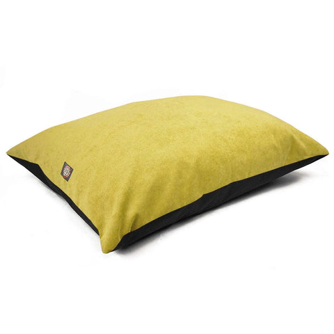 The Villa Super Value Dog Bed by Majestic Pet features a rectangular shape, yellow top, black sides, and a small fabric tag. This bed is also machine washable for easy care.