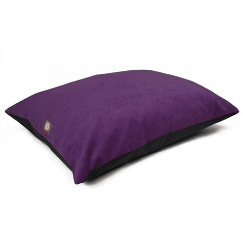 A Villa Super Value Dog Bed by Majestic Pet, featuring a purple top, black sides, and a small multicolored logo, rests on a white surface. The bed is machine washable for easy care.