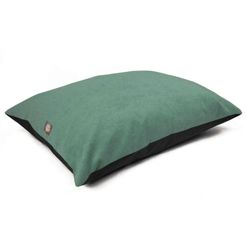 A large, rectangular green Villa Super Value Dog Bed by Majestic Pet features a small logo patch in one corner, black sides, a soft and plush feel, and is machine washable for easy care.