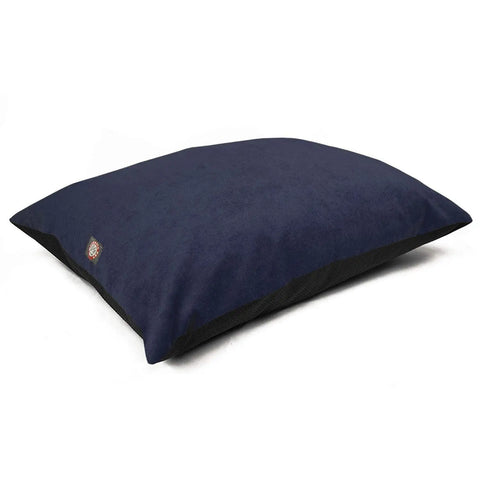 A large, rectangular navy blue Villa Super Value Dog Bed by Majestic Pet with black edges is shown on a white background. A colorful logo tag accents one corner. This bed is machine washable for easy care.
