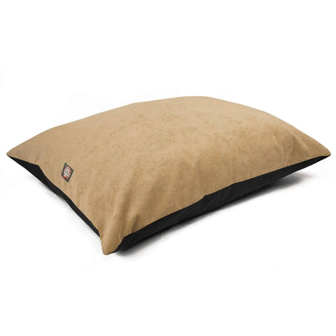 The Villa Super Value Dog Bed by Majestic Pet is a large rectangular beige bed with black sides, made of durable poly-cotton. A small logo tag accents one corner. Shown on a white background. Machine washable for easy maintenance.