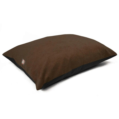 The Majestic Pet Villa Super Value Dog Bed is a large, rectangular brown pillow with a soft poly-cotton cover and a small logo tag in the corner. Set against a white background. Machine washable for easy care.
