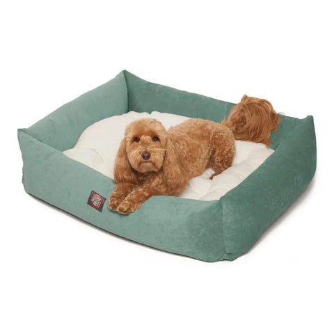 A small brown dog with curly fur rests on the Majestic Pet Villa Luxe Bagel Bed, a soft teal, machine-washable bed with plush white cushioning. The dog looks relaxed and comfortable.
