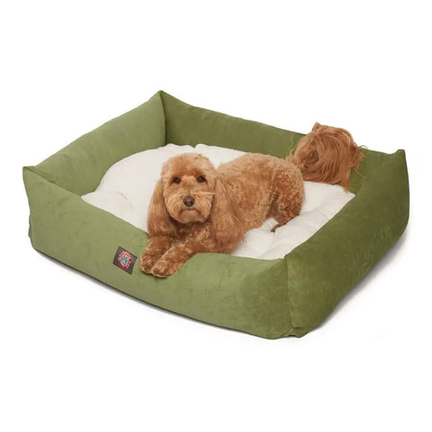 A small brown dog with curly fur rests on the Majestic Pet Villa Luxe Bagel Bed—a plush, rectangular green bed with raised sides and a soft white cushion.