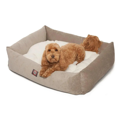 A small, light brown dog with curly fur is lying on the Majestic Pet Villa Luxe Bagel Bed, a plush, rectangular bed with raised sides and a soft white cushion.