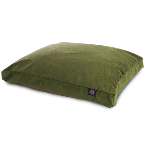 The Majestic Pet Villa Rectangle Dog Bed is large, rectangular, and olive green with a soft velvety finish, premium polyester fiber fill, and a small black logo tag on one side, shown against a white background.