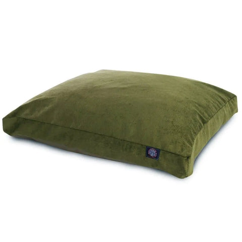 The Majestic Pet Villa Rectangle Dog Bed in olive green features a soft, washable cover, premium polyester fiber fill, and a small black logo tag on one side, shown against a white background.