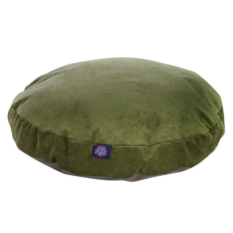 The Majestic Pet Villa Round Dog Bed features an olive green suede-like cover thats removable for easy washing and includes a small blue and red logo tag on the side, shown here against a plain white background.