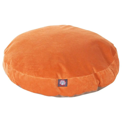 The Majestic Pet Villa Round Dog Bed is an orange, plush cushion with a small front logo label, washable removable cover, and is shown against a plain white background.