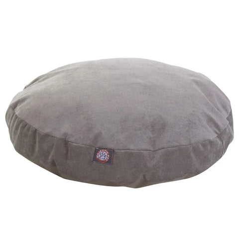 The Majestic Pet Villa Round Dog Bed is gray with soft, suede-like fabric, a small side logo patch, and a removable cover for easy cleaning. It is shown on a white background.