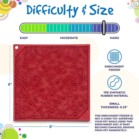 The Vino Design EMat Enrichment Lick Mat by SodaPup is a red, textured 8x8 inch mat for dogs with moderate difficulty, offering enrichment and made from durable materials; features and material details are shown beside the image.