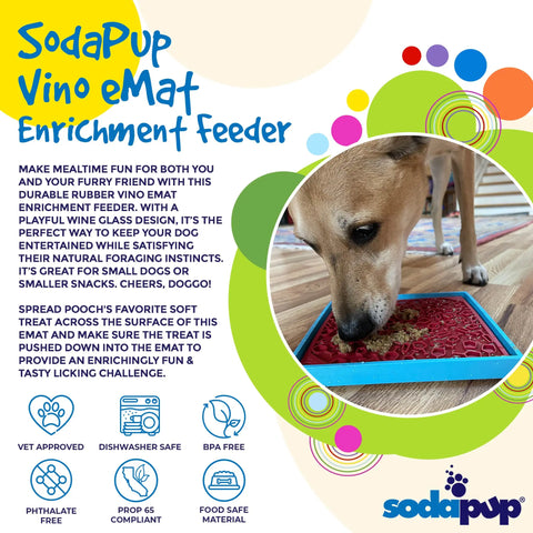 A tan dog enjoys red food from a blue SodaPup Vino Design EMat Enrichment Lick Mat, with colorful text and icons highlighting its vet approval, dishwasher safety, BPA-free, and phthalate-free features.