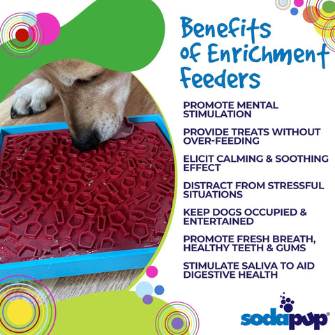 A dog licks a red SodaPup Vino Design EMat Enrichment Lick Mat. Text beside lists benefits: mental stimulation, controlled treats, soothing effects, entertainment, better oral health, and digestive aid. SodaPup logo is shown at the bottom.