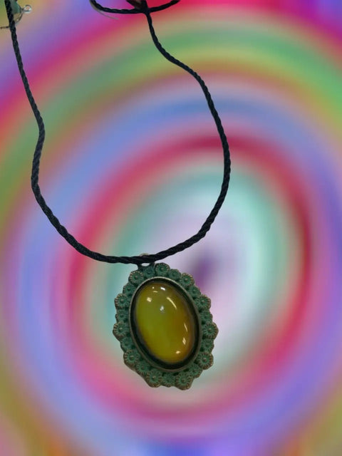 Vintage Style 70s Mood Stone Necklace – Antique Gold Turquoise Patina Pendant on Adjustable Suede Cord | Made in USA Michelle Marie Boutique 