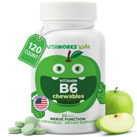 Vitamin B6 Chewable Tablets for Kids 120 Count – Sour Apple Flavor – Nerve Support Supplement | Made in USA VitaWorks  Chewable
