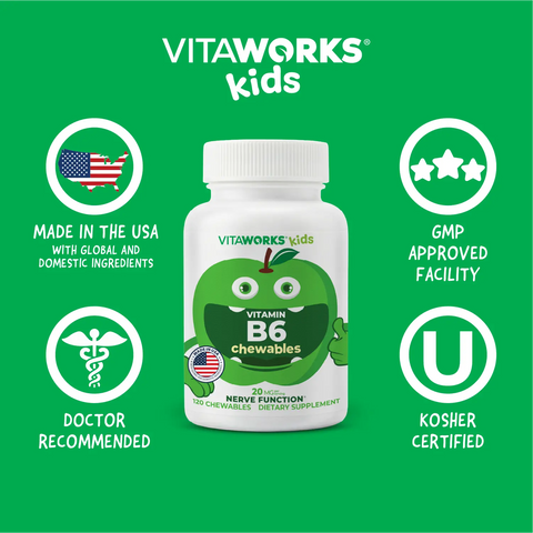 Vitamin B6 Chewable Tablets for Kids 120 Count – Sour Apple Flavor – Nerve Support Supplement | Made in USA VitaWorks  Chewable