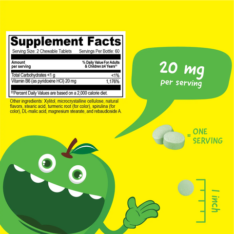 Vitamin B6 Chewable Tablets for Kids 120 Count – Sour Apple Flavor – Nerve Support Supplement | Made in USA VitaWorks  Chewable