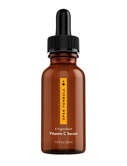 Open Formula Vitamin C Serum, 1.0 fl oz (30 ml), comes in an amber glass dropper bottle with a black cap and is designed to help target dark spots and hyperpigmentation.