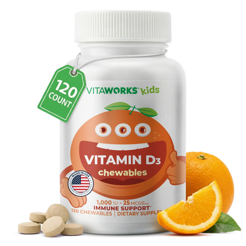 Vitamin D Chewable Tablets for Kids 120 Count – 1000 IU Immune Support Supplement | Made in USA VitaWorks  Chewable