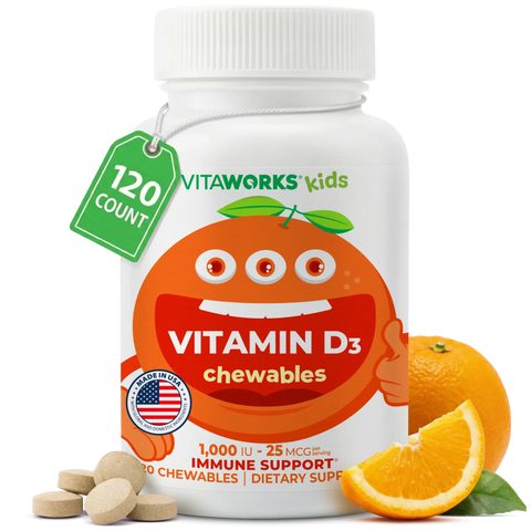 Vitamin D Chewable Tablets for Kids 120 Count – 1000 IU Immune Support Supplement | Made in USA VitaWorks  Chewable