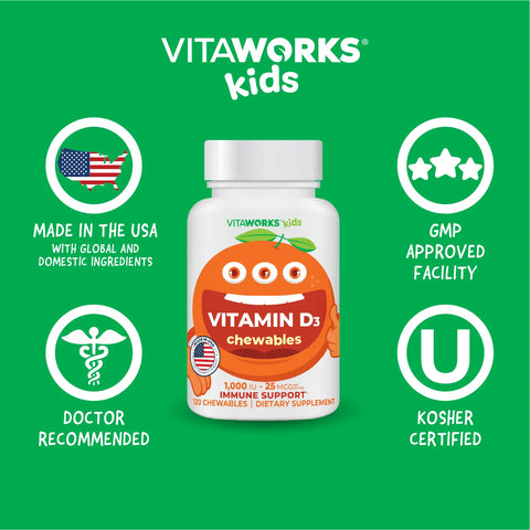 Vitamin D Chewable Tablets for Kids 120 Count – 1000 IU Immune Support Supplement | Made in USA VitaWorks  Chewable