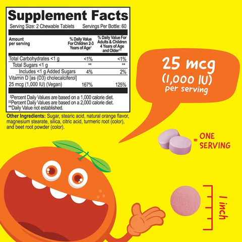 Vitamin D Chewable Tablets for Kids 120 Count – 1000 IU Immune Support Supplement | Made in USA VitaWorks  Chewable