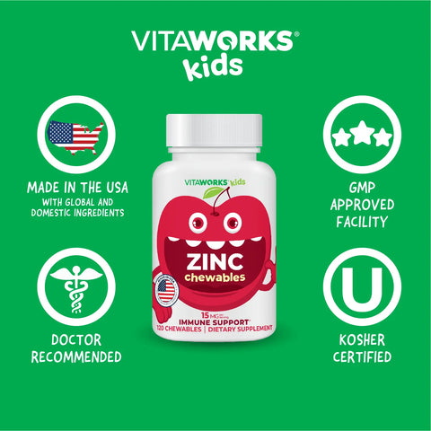 Vitamin Zinc Chewable Tablets for Kids 15mg Immune Support Supplement 120 Count – Made in USA VitaWorks  Chewable