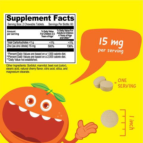 Vitamin Zinc Chewable Tablets for Kids 15mg Immune Support Supplement 120 Count – Made in USA VitaWorks  Chewable