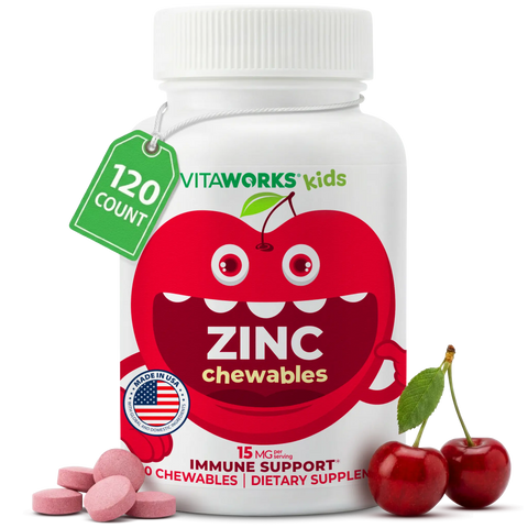 Vitamin Zinc Chewable Tablets for Kids 15mg Immune Support Supplement 120 Count – Made in USA VitaWorks  Chewable