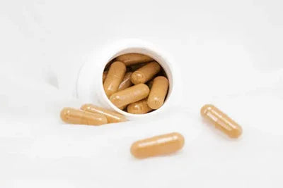 Brown capsules spilling out of a white container on a white background
