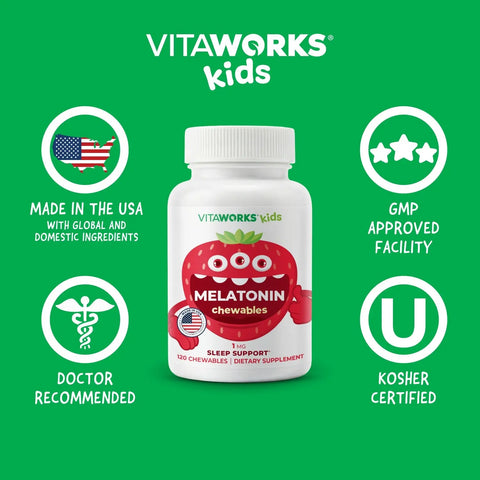 Vitaworks Kids Melatonin Chewables 1mg 120 Count – Natural Sleep Aid Supplement for Children | Made in USA VitaWorks  Chewable