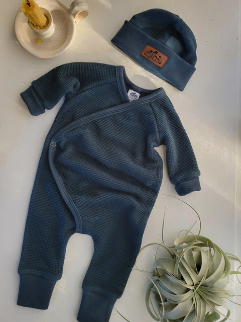 Waffle Knit Baby Sleeper With Hat – Soft Stretch Cotton Blend Wrap Style | Made in USA Cozy Sleepwear Adventure Clothes Company 