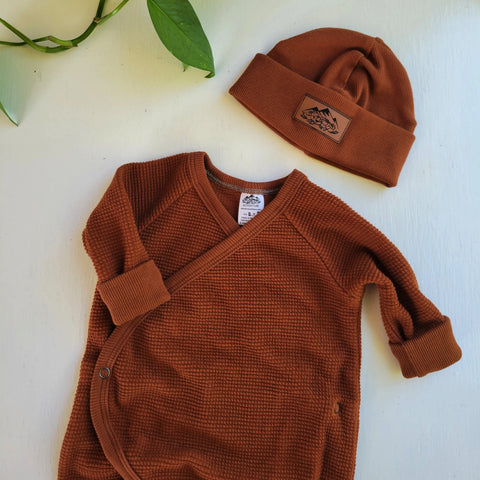 Waffle Knit Baby Sleeper With Hat – Soft Stretch Cotton Blend Wrap Style | Made in USA Cozy Sleepwear Adventure Clothes Company 