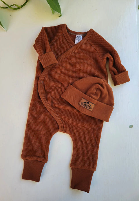 Waffle Knit Baby Sleeper With Hat – Soft Stretch Cotton Blend Wrap Style | Made in USA Cozy Sleepwear Adventure Clothes Company 