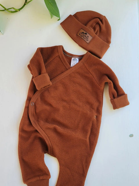 Waffle Knit Baby Sleeper With Hat – Soft Stretch Cotton Blend Wrap Style | Made in USA Cozy Sleepwear Adventure Clothes Company 