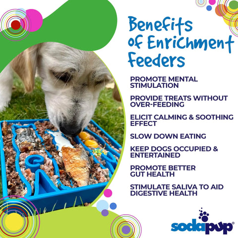 A dog enjoys food from a blue Waiting Dogs Design ETray Enrichment Tray by SodaPup on grass. Text highlights benefits like mental stimulation, slower eating, and better gut health. SodaPup’s logo appears at the bottom.