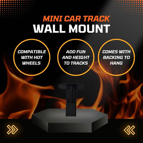 Chatelet Manufacturing’s Toy Racetrack Wall Connectors are Hot Wheels-compatible accessories that let you build ramp racecar tracks up walls. Includes hanging backing, fiery background, and orange accents. Made in USA.