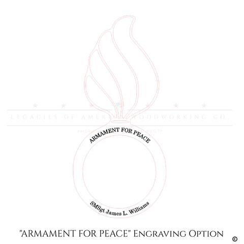 The Walnut Ammo Pisspot Shadow Box by Legacies of America Woodworking Company features a line drawing of a flaming grenade insignia, expertly engraved on real glass and set in walnut. Includes ARMAMENT FOR PEACE and SMSgt. James L. Williams. Made in the USA.