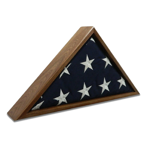 A folded American flag, white stars on blue, is showcased in the Walnut Burial Flag Display Case (5 x 9.5) by Legacies of America Woodworking Company, proudly made in the USA.