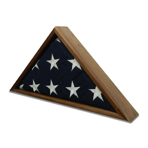 A folded American flag with white stars on blue is showcased in the Walnut Burial Flag Display Case (5 x 9.5) by Legacies of America Woodworking Company, proudly built by veterans in the USA.