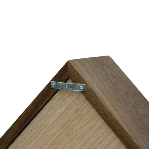 Close-up of the back corner of the Legacies of America Woodworking Company Walnut Burial Flag Display Case (5 x 9.5 Flag), showing a metal sawtooth hanger attached with two screws for secure wall mounting.