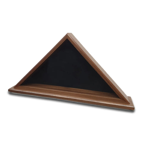The Legacies of America Woodworking Company Walnut Burial Flag Display Case features a smooth walnut finish, black interior, rectangular base, and fits a 5 x 9.5 flag. Proudly made by veterans for elegant flag display.