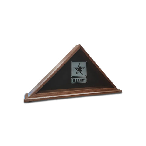 The Legacies of America Woodworking Company Walnut Burial Flag Display Case (5 X 9.5) features a dark glass front and U.S. Army logo—handcrafted in America by veterans for an honorable tribute.
