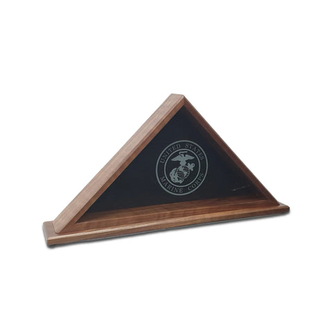 The Legacies of America Woodworking Company Walnut Burial Flag Display Case (5 x 9.5) features a glass front and displays the United States Marine Corps emblem and text on a black background inside.