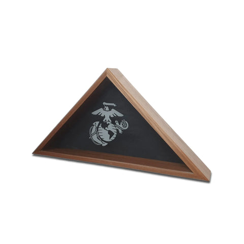 The Legacies of America Woodworking Company Walnut Burial Flag Display Case (5 x 9.5 flag) has a glass front, displays the US Marine Corps emblem in white on black, is empty inside, set against a white background, and made in the USA.