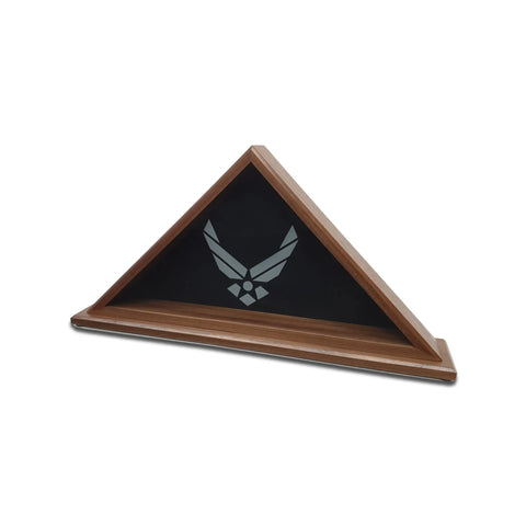 The Legacies of America Walnut Burial Flag Display Case (5 x 9.5) features a glass front and silver U.S. Air Force logo on black, honoring service and sacrifice. Proudly made in the USA for displaying burial flags with elegance.