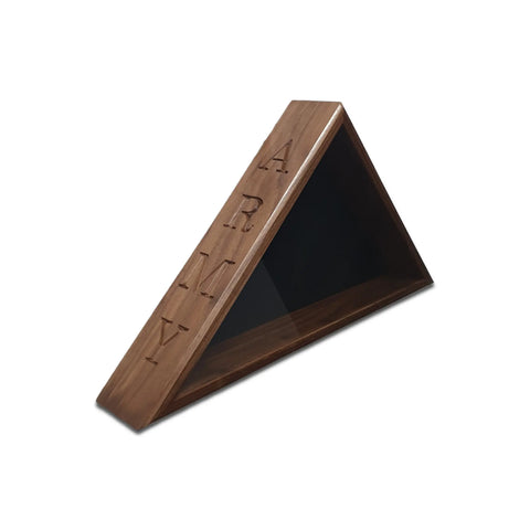 The Legacies of America Woodworking Company ARMY Walnut Burial Flag Display Case (5 x 9.5) features a glass front and ARMY engraved vertically—ideal for honoring U.S. Military Veterans. Case is empty; displayed on a plain white background.